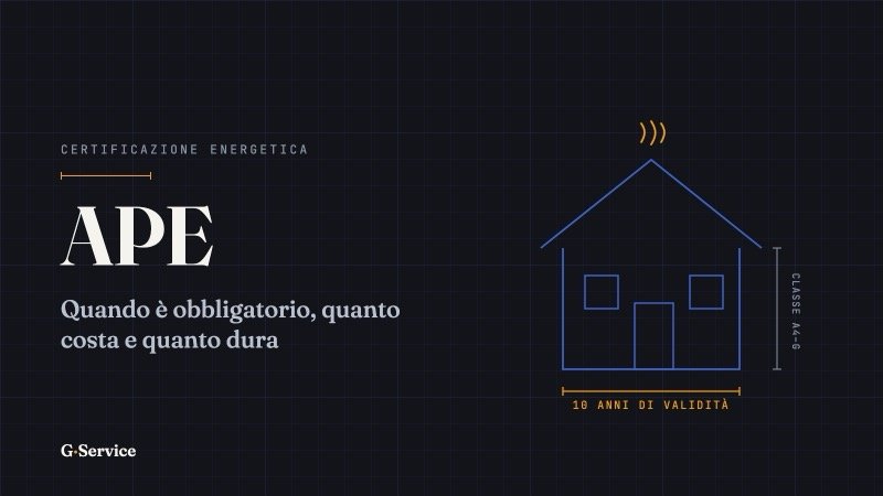 Disegno tecnico in stile blueprint di una casa con quota "10 anni di validità" e titolo APE